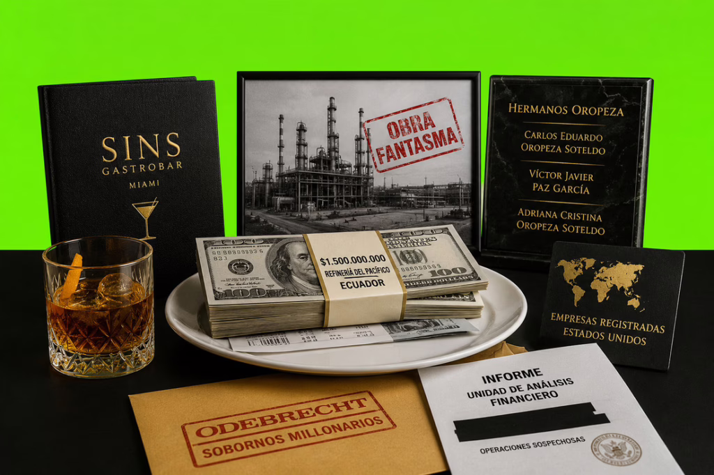 Documentos, dinero y símbolos de corrupción vinculados a los hermanos Oropeza sobre fondo verde neón.