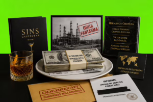 Documentos, dinero y símbolos de corrupción vinculados a los hermanos Oropeza sobre fondo verde neón.