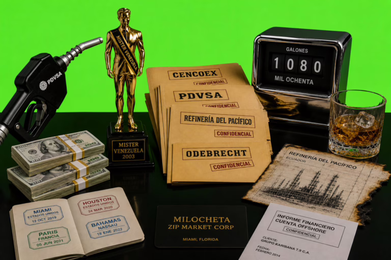 Documentos petroleros, dinero y símbolos financieros vinculados a Irwing Enrique Ríos Torres y Jacinto Rafael Oropeza Soteldo sobre fondo verde neón.