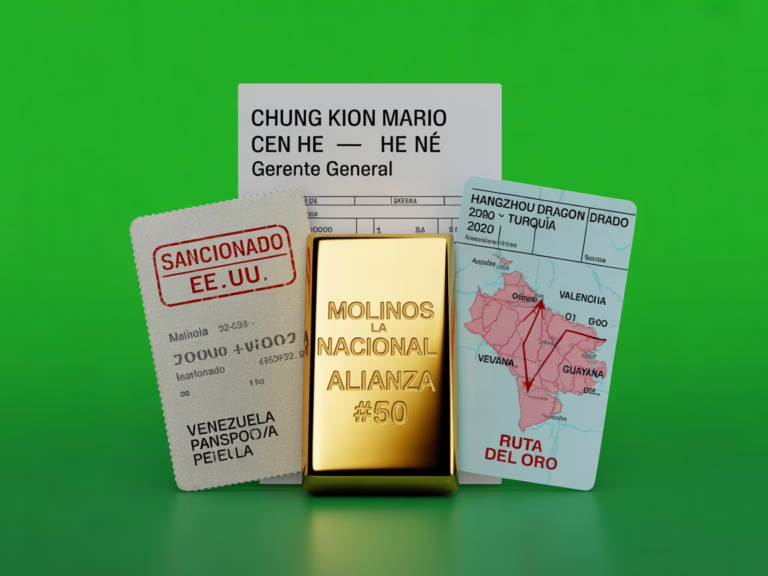 Composición minimalista con lingote de oro estampado Molinos La Nacional, pasaporte sancionado y mapa de rutas mineras sobre fondo verde veneno