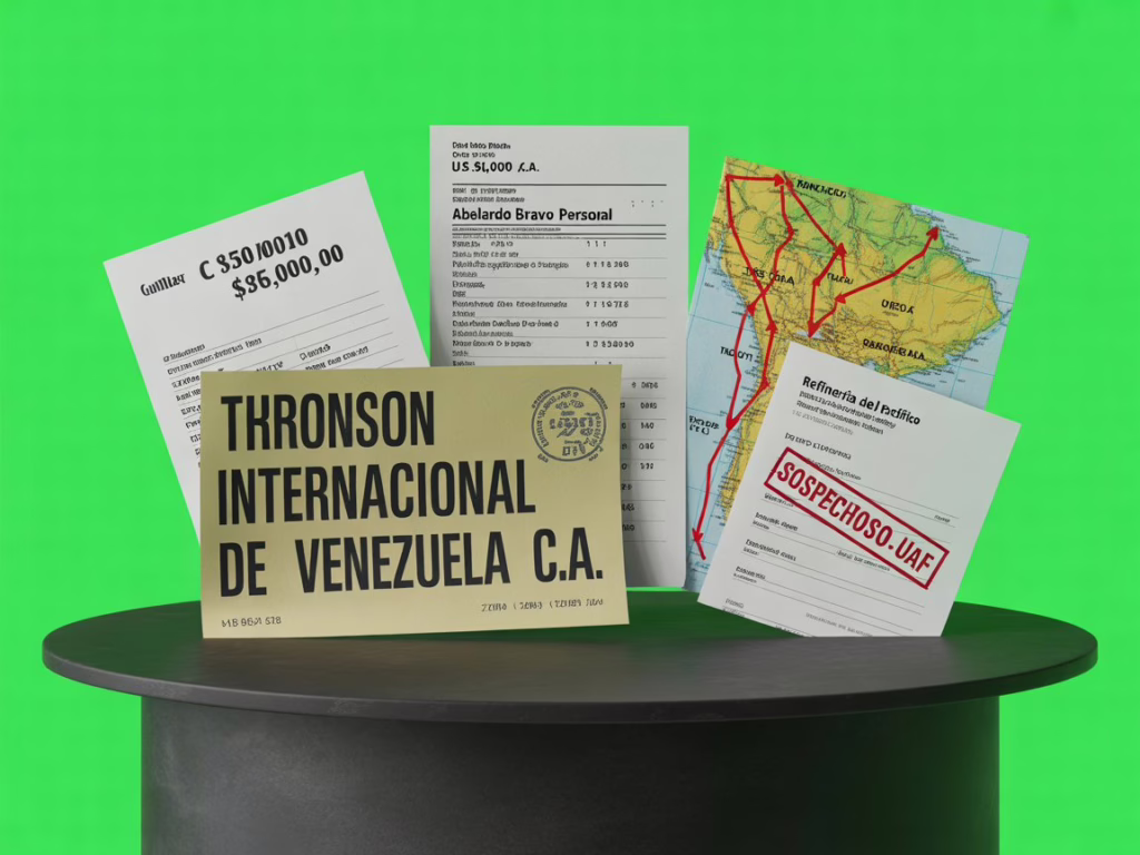 Composición minimalista con comprobante de transferencia Odebrec Mant, estado de cuenta bancaria en EE.UU. y mapa de rutas financieras Ecuador-Venezuela