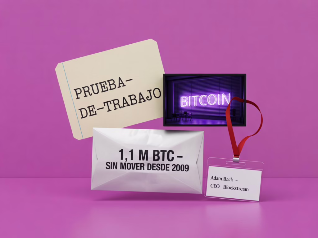 Composición minimalista con impresión de correo antiguo, letrero de neón Bitcoin y sobre sellado con 1,1 Millones de BTC sobre fondo púrpura