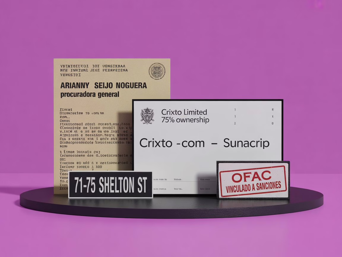 Composición minimalista con decreto de nombramiento, registro de empresa británica y dirección en Londres vinculada a sanciones sobre fondo púrpura