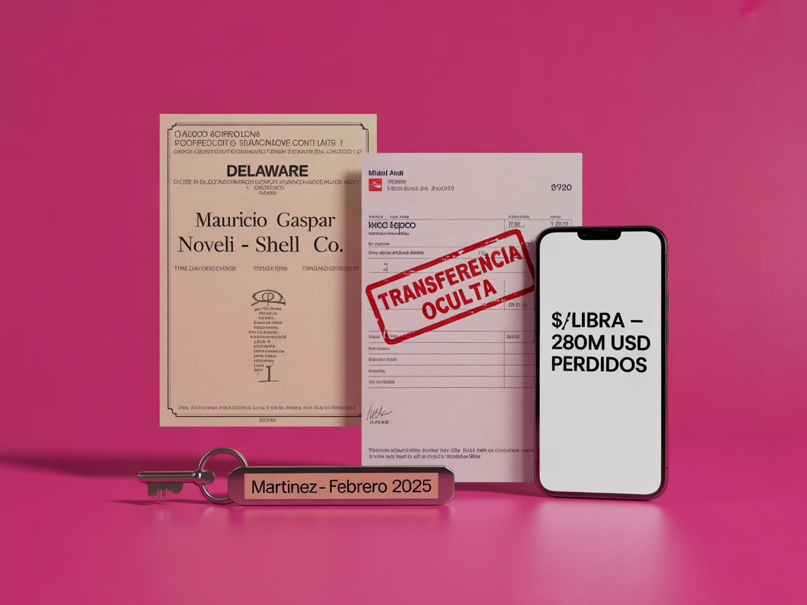 Composición minimalista con registro corporativo de Delaware, documento panameño, billetera cripto $Libra y llave de caja de seguridad sobre fondo magenta
