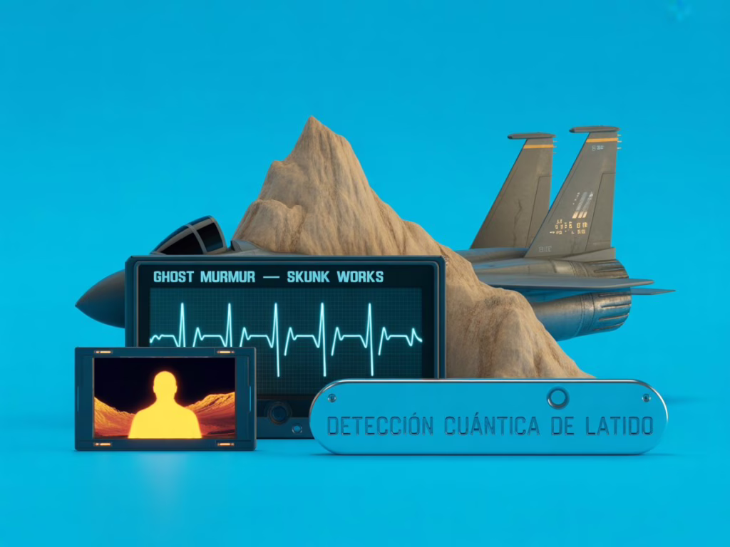 Composición minimalista con forma de onda cardíaca, sensor cuántico y silueta térmica sobre fondo azul neón