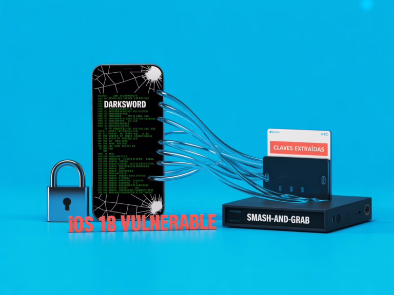 Composición minimalista con iPhone mostrando código malicioso DarkSword, candado roto y flujo de datos hacia servidor sobre fondo azul neón