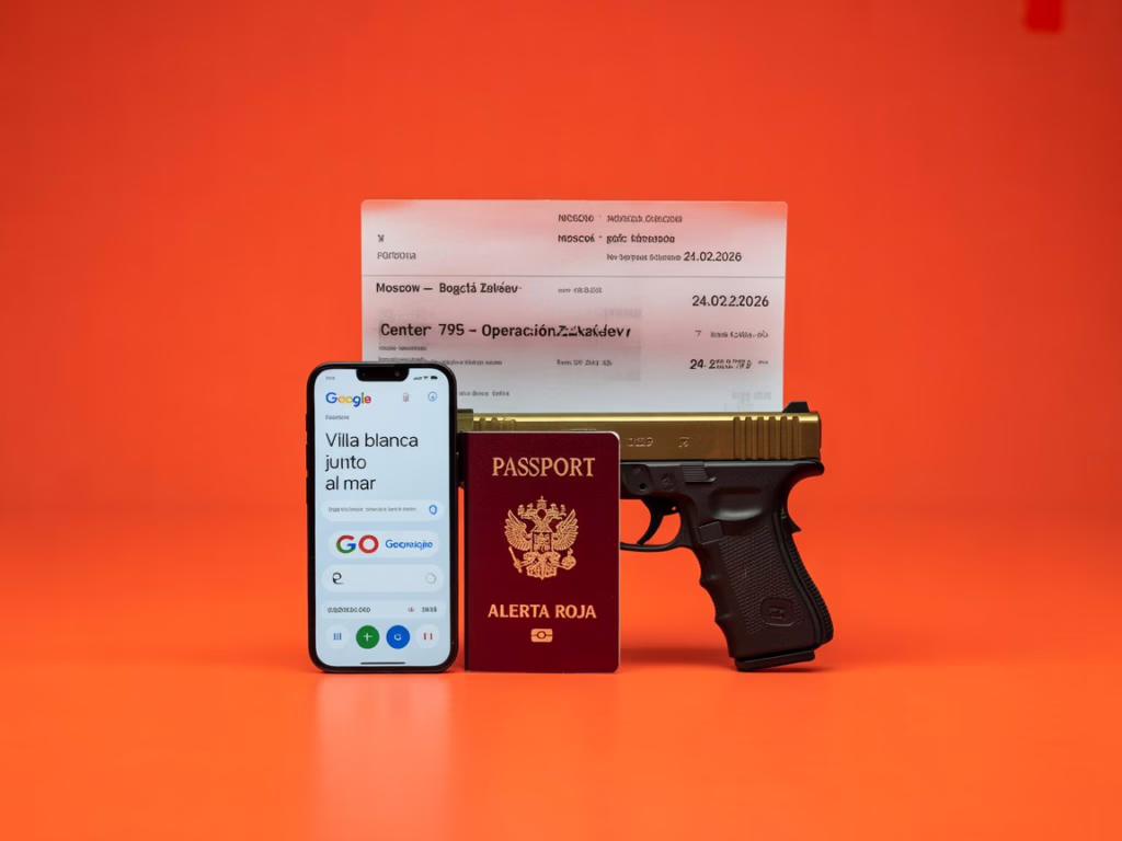 Composición minimalista con teléfono mostrando Google Translate, pasaporte falso y pase de abordar sobre fondo rojo