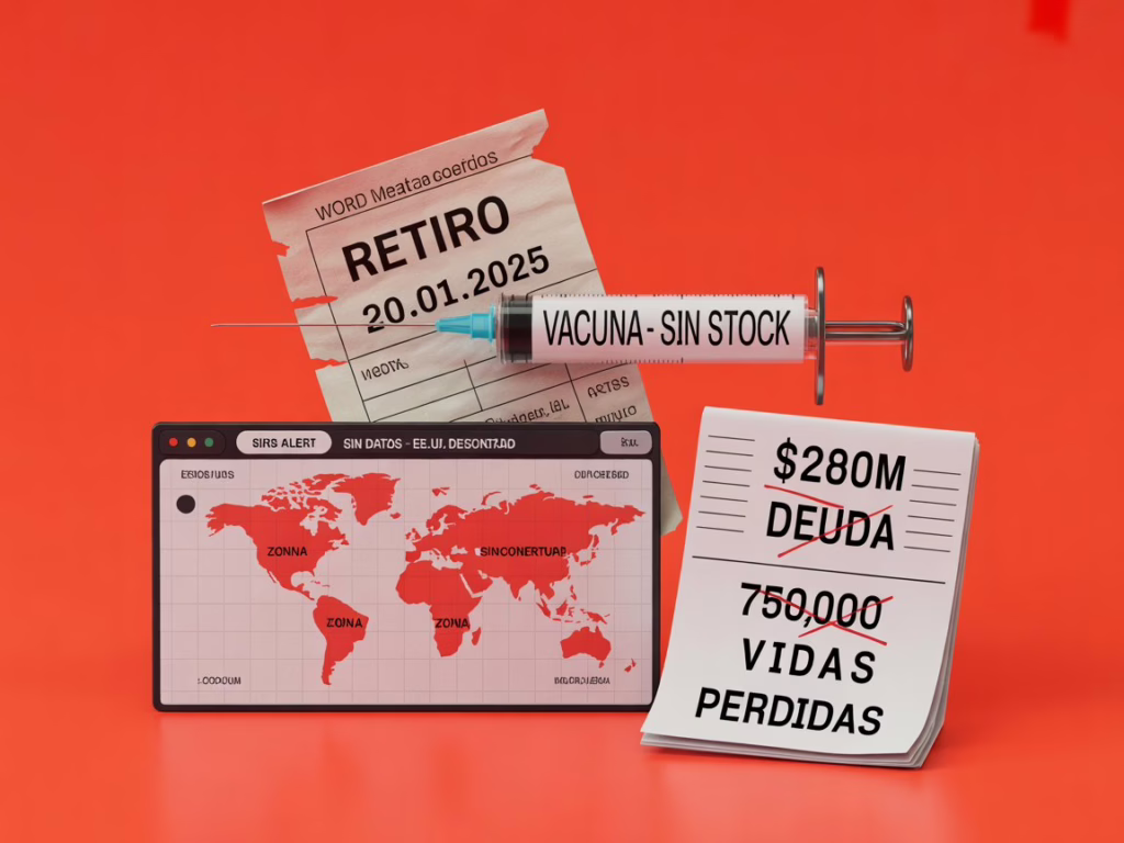 Composición minimalista con certificado de retiro de la OMS, jeringa sin stock y mapa mundial con zonas sin cobertura sanitaria sobre fondo rojo